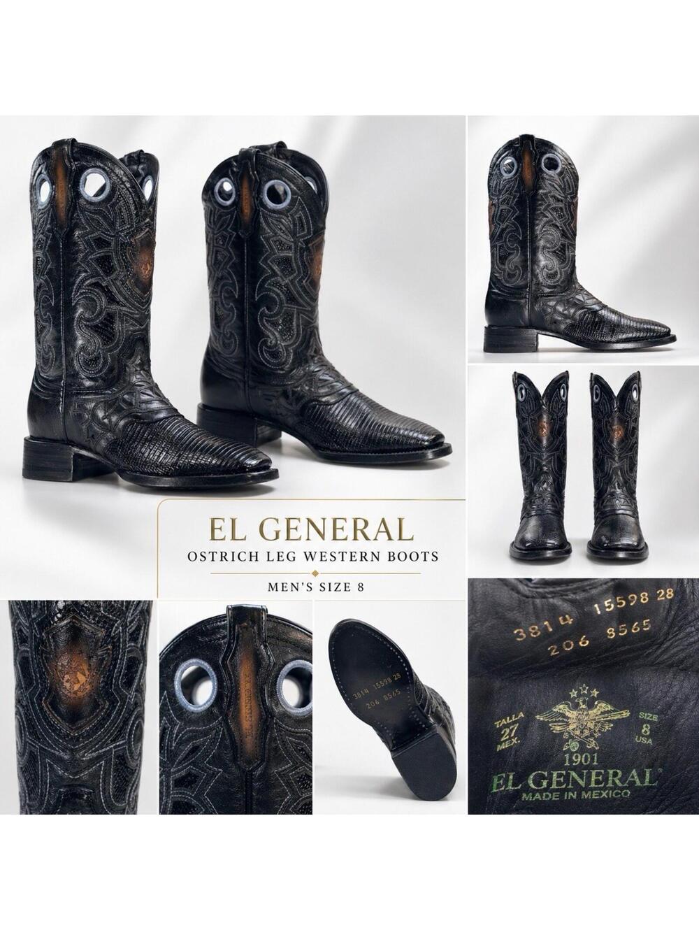 El General  Men’s Black Ostrich Western Cowboy Boots Size 8